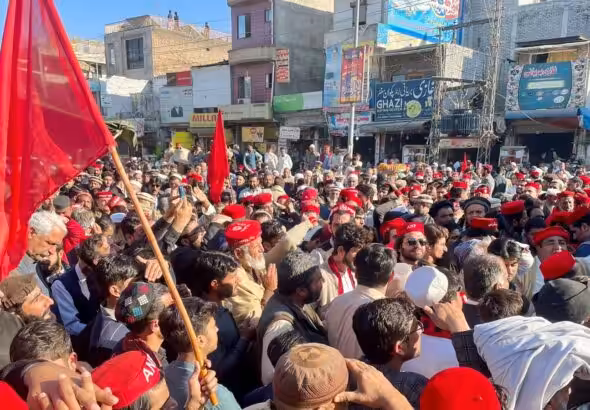 Members of the Awami National Party protest in Charsadda, Khyber Pakhtunkhwa against alleged rigging in the February 8 general elections. Photo: X/@ANPMarkaz.