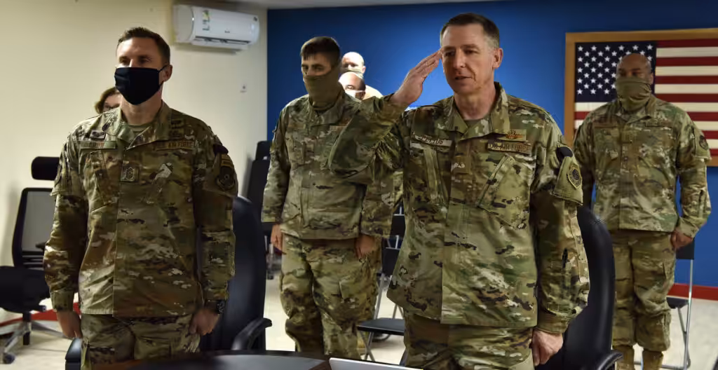 US SOUTHCOM Air Force chief, Major General Evan Pettus (saluting) during his time at a US military base in Saudi Arabia, June 2020. Photo: Facebook/378th Air Expeditionary Wing.