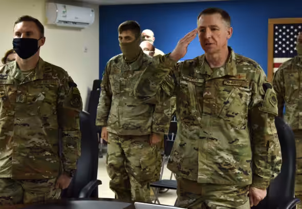 US SOUTHCOM Air Force chief, Major General Evan Pettus (saluting) during his time at a US military base in Saudi Arabia, June 2020. Photo: Facebook/378th Air Expeditionary Wing.