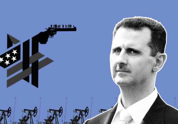 Compilation image showing Syrian President Bashar al-Assad being targeted by a gun shaped as the Star of David, representing the Zionist lobby. Photo: MintPress News.