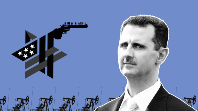 Compilation image showing Syrian President Bashar al-Assad being targeted by a gun shaped as the Star of David, representing the Zionist lobby. Photo: MintPress News.