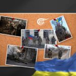 Collage of photos from the war in Ukraine, with a part of the Ukrainian flag visible in the bottom right-hand corner. Illustration: Mahdi Rteil/Al Mayadeen English.