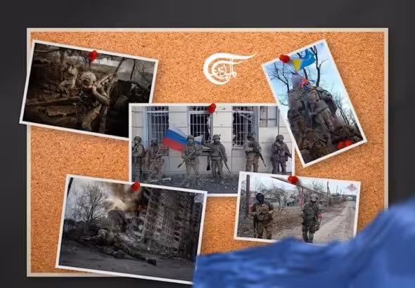Collage of photos from the war in Ukraine, with a part of the Ukrainian flag visible in the bottom right-hand corner. Illustration: Mahdi Rteil/Al Mayadeen English.