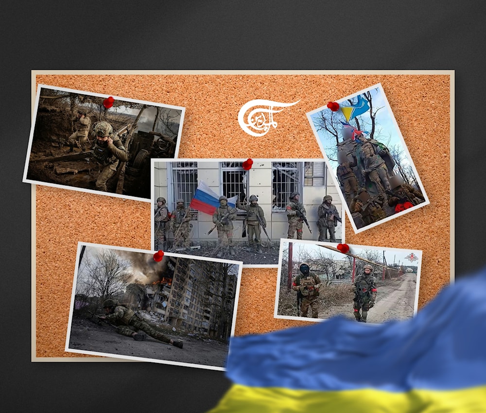 Collage of photos from the war in Ukraine, with a part of the Ukrainian flag visible in the bottom right-hand corner. Illustration: Mahdi Rteil/Al Mayadeen English.