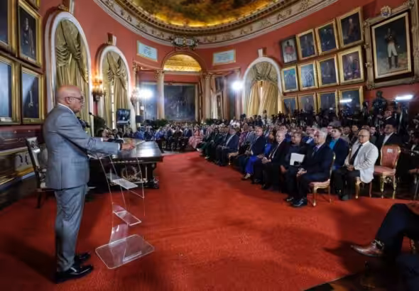 The president of Venezuela's National Assembly, Jorge Rodríguez, addressing a broad representation of political actors that participated in the joint proposal for the 2024 presidential elections, on February 28, 2024. Photo: National Assembly.