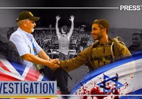 Compilation of the Israeli Occupation Forces' (IOF), two men shaking hands center image, a concert, as well as the United Kingdom's flag (Left) and the Israeli (right). Photo: PressTV.