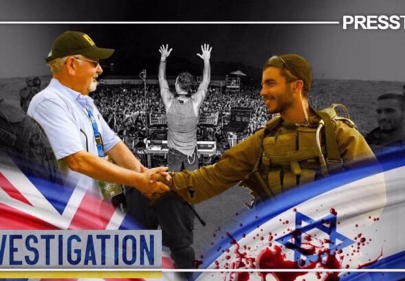 Compilation of the Israeli Occupation Forces' (IOF), two men shaking hands center image, a concert, as well as the United Kingdom's flag (Left) and the Israeli (right). Photo: PressTV.