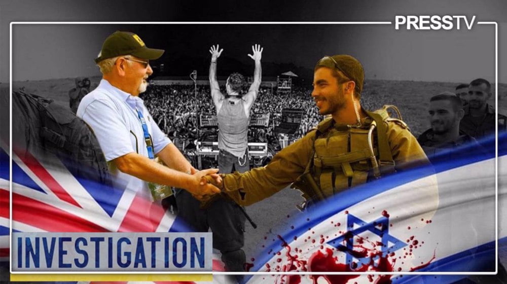 Compilation of the Israeli Occupation Forces' (IOF), two men shaking hands center image, a concert, as well as the United Kingdom's flag (Left) and the Israeli (right). Photo: PressTV.