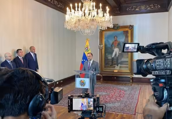 Venezuelan Foreign Minister Yván Gil during a press conference in Caracas, announcing the closing of activities of the Technical Advisory Office of the United Nations High Commissioner for Human Rights in Caracas, on Thursday, February 15, 2024. Photo: Venezuelan Foreign Affairs Ministry.