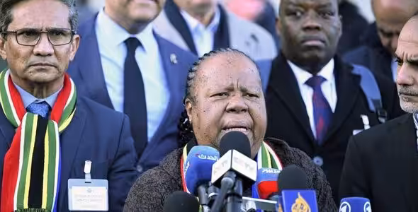 South African Foreign Minister Naledi Pandor speaks at a press briefing last week in Lahey, Netherlands. Photo: Dursun Aydemir/Anadolu via Getty Images.