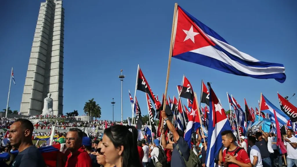 Tens of thousands of people participate in the parade for International Workers' Day on Monday, May 1, 2017, in the Plaza de la Revolución in Havana, Cuba. Photo: Alejandro Ernesto/EFE.