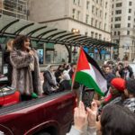 Chicago Alderwoman Rossana Rodriguez-Sanchez speaking to the rally following the passage of her Palestine resolution. Photo: Fight Back! News/Alec Ozawa.