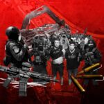 Photo composition showing two individuals escorted by heavily armed security agents, with people protesting in the background, on a red canvas. Photo: Voz Media.