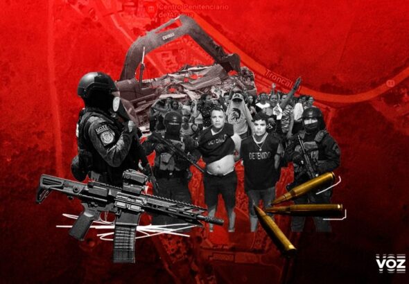 Photo composition showing two individuals escorted by heavily armed security agents, with people protesting in the background, on a red canvas. Photo: Voz Media.