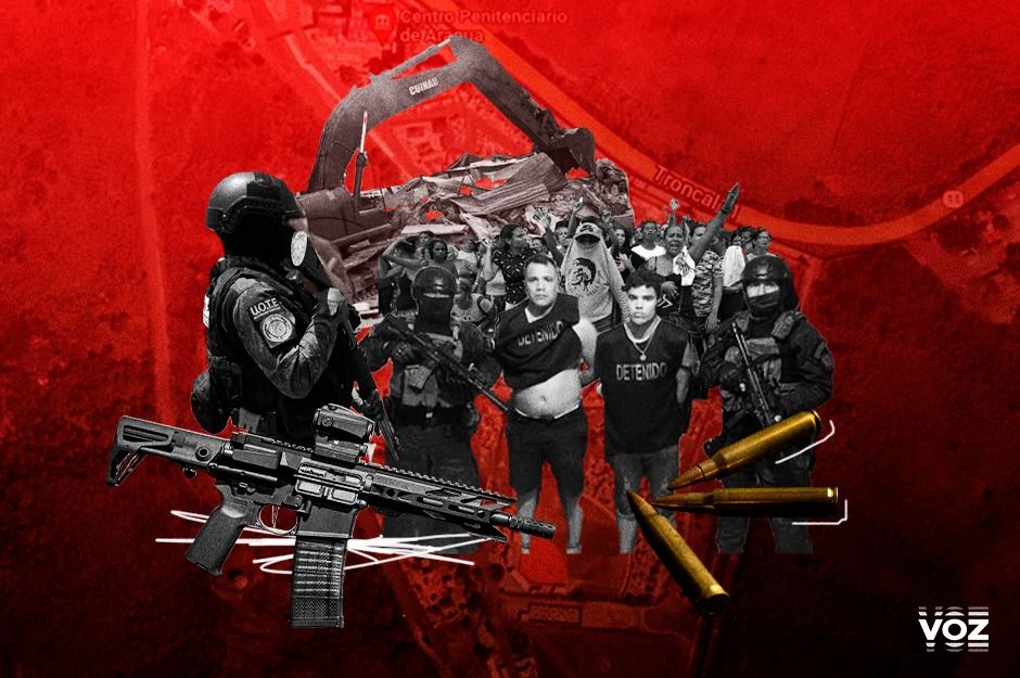 Photo composition showing two individuals escorted by heavily armed security agents, with people protesting in the background, on a red canvas. Photo: Voz Media.