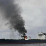 The British Marlin Luanda vessel in flames after a Yemeni attack in the Gulf of Aden in January. Photo: AP.