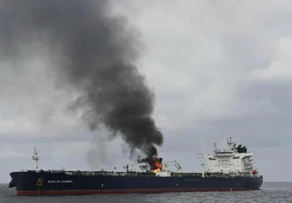 The British Marlin Luanda vessel in flames after a Yemeni attack in the Gulf of Aden in January. Photo: AP.