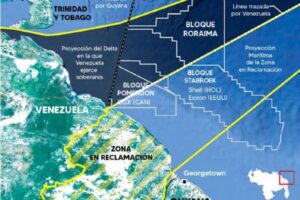 Map showing the natural projection of Venezuelan territorial waters, not including the disputed Essequibo territory, detailing how Guyana has given oil concessions on them. Photo: File photo.