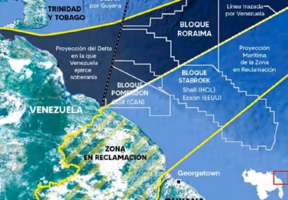 Map showing the natural projection of Venezuelan territorial waters, not including the disputed Essequibo territory, detailing how Guyana has given oil concessions on them. Photo: File photo.