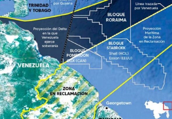 Map showing the natural projection of Venezuelan territorial waters, not including the disputed Essequibo territory, detailing how Guyana has given oil concessions on them. Photo: File photo.