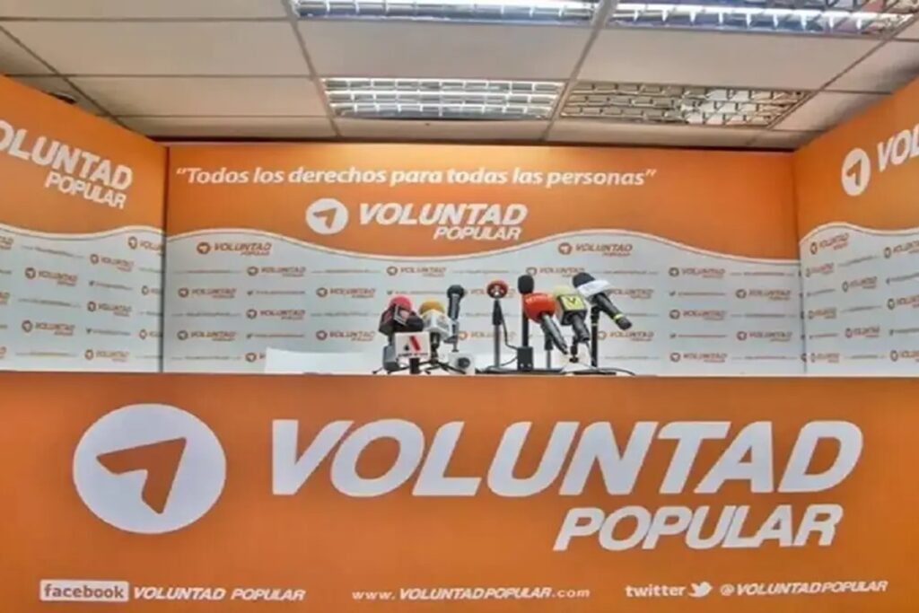 Venezuelan far-right political party Popular Will's (VP) empty conference room with media mics. File photo.