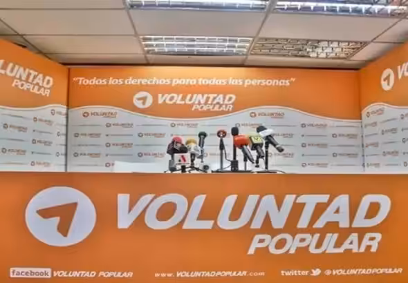 Venezuelan far-right political party Popular Will's (VP) empty conference room with media mics. File photo.