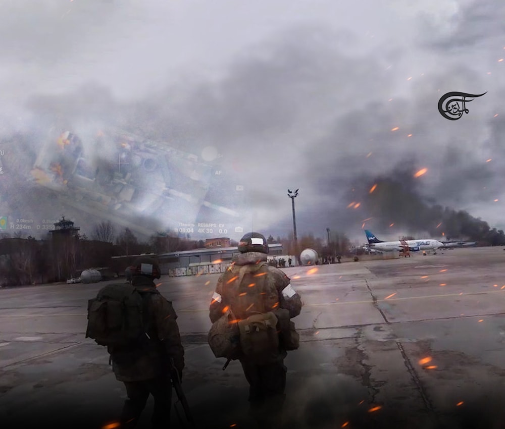 A compilation image of soldiers on an airfield, a tank and Al Mayadeen's logo. Photo: Hadi Dbouk/Al Mayadeen English.