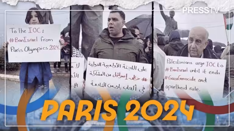 Compilation image showing three different protestors in solidarity with Palestine urging the International Olympic Committee to kick Israel from the upcoming Paris Olympics. Photo: PressTV.