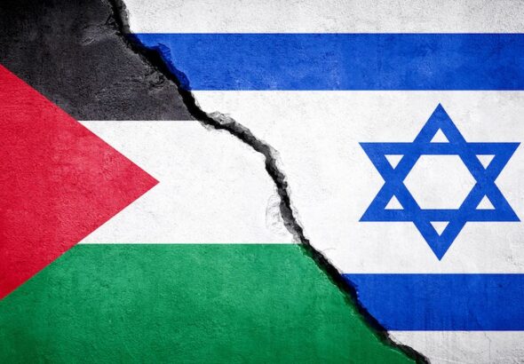 Photo composition showing the left side of a Palestinian flag (left) and the right side of an Israeli flag (right) divided by a wall crack. Photo: Stock image.