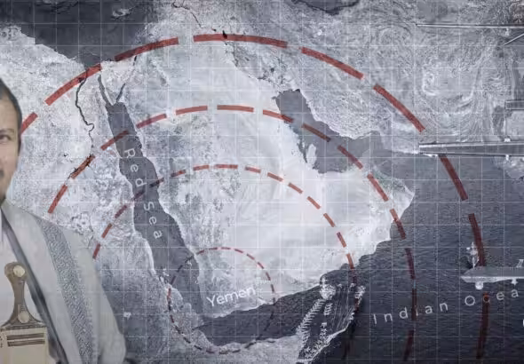 Photo composition showing Yemeni leader Abdul-Malik al-Houthi with a map of the Arabic Peninsula in the background. Photo: The Cradle.