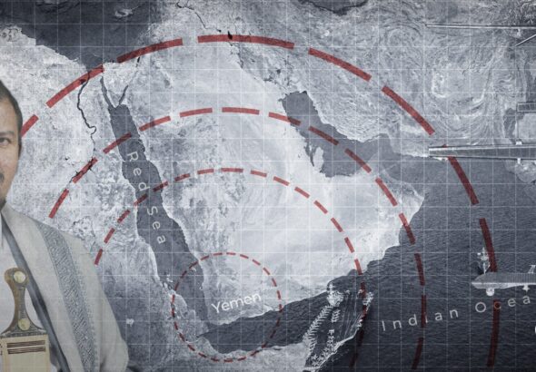 Photo composition showing Yemeni leader Abdul-Malik al-Houthi with a map of the Arabic Peninsula in the background. Photo: The Cradle.