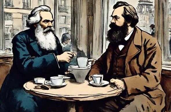 Marx and Engels in a Parisian cafe. Photo: Midwestern Marx/File photo.