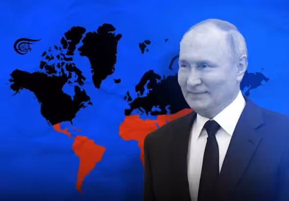 Russian President, Vladimir Putin (in front) and the world map (in the background). Photo: Hady Dbouq/Al Mayadeen.