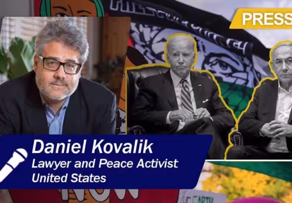 Compilation image with Daniel Kovalik (Left), Joe Biden (Center) and Benjamin Netanyahu (Right), over a backdrop with the Palestinian flag. Photo: PressTV.