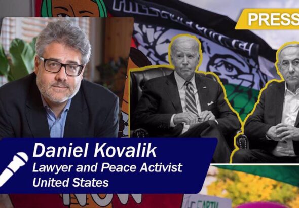 Compilation image with Daniel Kovalik (Left), Joe Biden (Center) and Benjamin Netanyahu (Right), over a backdrop with the Palestinian flag. Photo: PressTV.