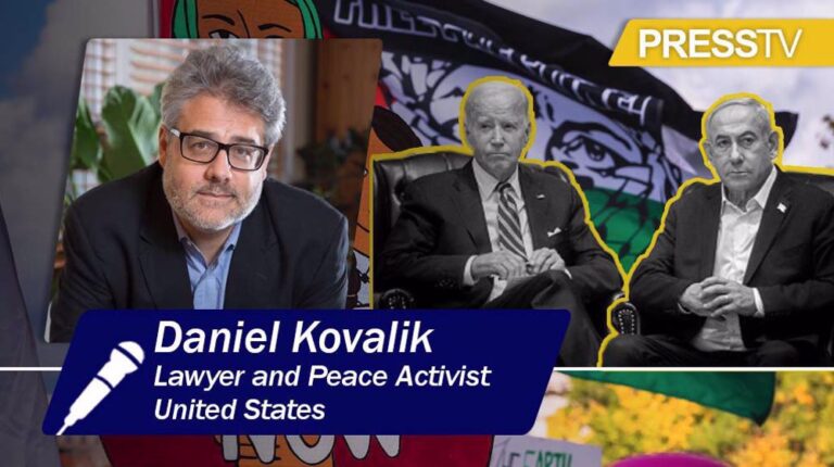 Compilation image with Daniel Kovalik (Left), Joe Biden (Center) and Benjamin Netanyahu (Right), over a backdrop with the Palestinian flag. Photo: PressTV.
