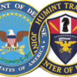 Interlinked logos for the U.S. Department of Defense and Fort Huachuca’s Human Intelligence Training Joint Center of Excellence. Photo: Military Intelligence Professional Bulletin.