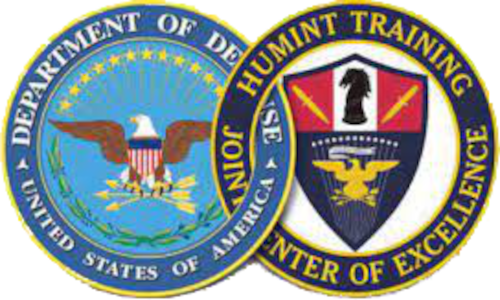 Interlinked logos for the U.S. Department of Defense and Fort Huachuca’s Human Intelligence Training Joint Center of Excellence. Photo: Military Intelligence Professional Bulletin.