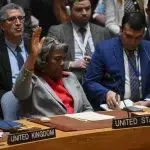 US Ambassador to the United Nations Linda Thomas-Greenfield votes to abstain from a resolution demanding an immediate ceasefire in Gaza during a United Nations Security Council meeting at UN headquarters in New York on March 25, 2024. Photo: Angela Weiss/AFP.