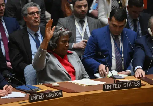 US Ambassador to the United Nations Linda Thomas-Greenfield votes to abstain from a resolution demanding an immediate ceasefire in Gaza during a United Nations Security Council meeting at UN headquarters in New York on March 25, 2024. Photo: Angela Weiss/AFP.