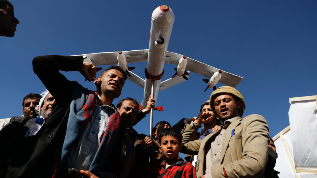 Feature photo | Supporters of Ansar Allah hold a mock drone drone during a rally against the U.S.-led strikes on Yemen and Israel’s war in Gaza Strip, in Sanaa, Yemen, Feb. 23, 2024. Photo: Osamah Abdulrahman/AP.