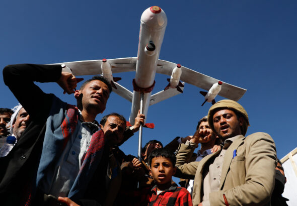 Feature photo | Supporters of Ansar Allah hold a mock drone drone during a rally against the U.S.-led strikes on Yemen and Israel’s war in Gaza Strip, in Sanaa, Yemen, Feb. 23, 2024. Photo: Osamah Abdulrahman/AP.
