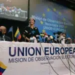A delegation of European Union electoral observers during a press conference in Caracas, November 2021, following the regional elections where Chavismo consolidated its last electoral victory. Photo: Andrea Hernandez Briceno/El País/File photo.