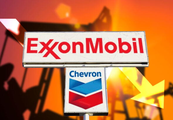 Hoardings showing the names and logos of ExxonMobil and Chevron in the backdrop of a silhouette of oil extraction machinery. Photo: El CEO.