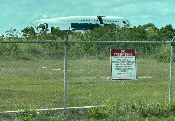 A view of the Boeing 747-300 cargo plane of EMTRASUR destroyed by the US government, in an Florida state airport. Photo: PBS.