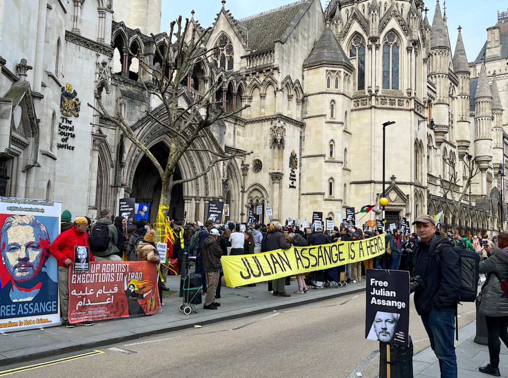 Assange supporters outside the Royal Courts of Justice in London during his appeal hearing in late February. Photo: Joe Lauria.