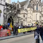 Assange supporters outside the Royal Courts of Justice in London during his appeal hearing in late February. Photo: Joe Lauria.