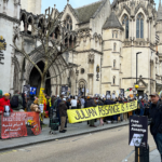 Assange supporters outside the Royal Courts of Justice in London during his appeal hearing in late February. Photo: Joe Lauria.