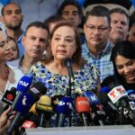 New Unitary Platform candidate Corina Yoris giving a speech after the announcement of her selection as presidential candidate. Photo: Federico Parra/AFP.