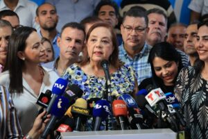 New Unitary Platform candidate Corina Yoris giving a speech after the announcement of her selection as presidential candidate. Photo: Federico Parra/AFP.